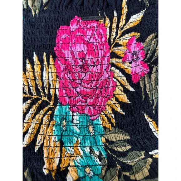 Women's Billabong Strapless Romper Hawaiian Print on black ruched bodice Sz Xs - Picture 6 of 9